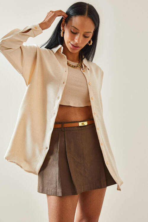 Bej Oversize Basic Keten Gömlek 5YXK2-48269-25 - 4