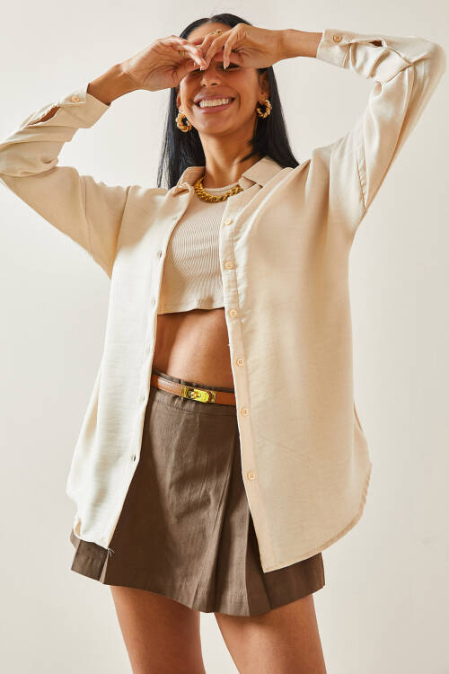 Bej Oversize Basic Keten Gömlek 5YXK2-48269-25 - 5