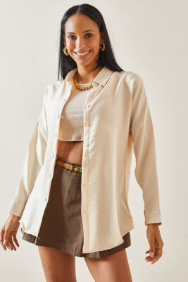 Bej Oversize Basic Keten Gömlek 5YXK2-48269-25 - 6