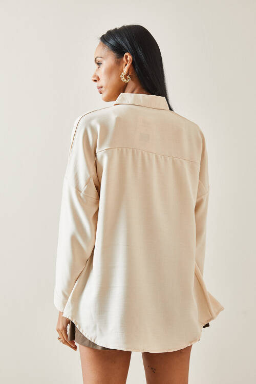 Bej Oversize Basic Keten Gömlek 5YXK2-48269-25 - 7