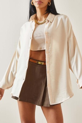 Bej Oversize Basic Keten Gömlek 5YXK2-48269-25 - XHAN