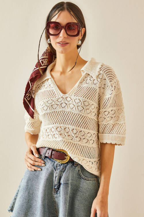 Bej Polo Yaka Triko Bluz 5YXK2-48376-25 - 2