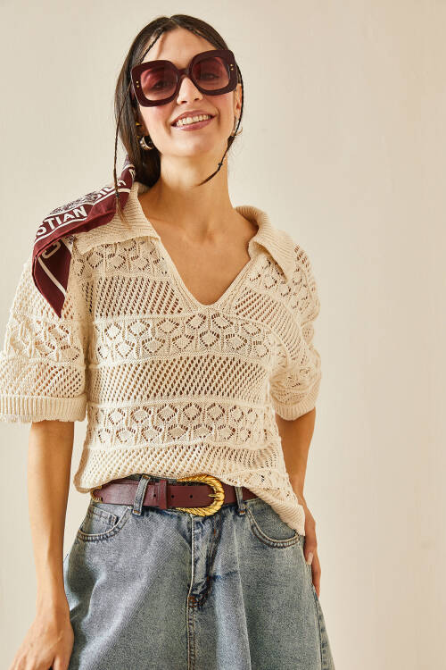 Bej Polo Yaka Triko Bluz 5YXK2-48376-25 - 3