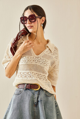 Bej Polo Yaka Triko Bluz 5YXK2-48376-25 - 5