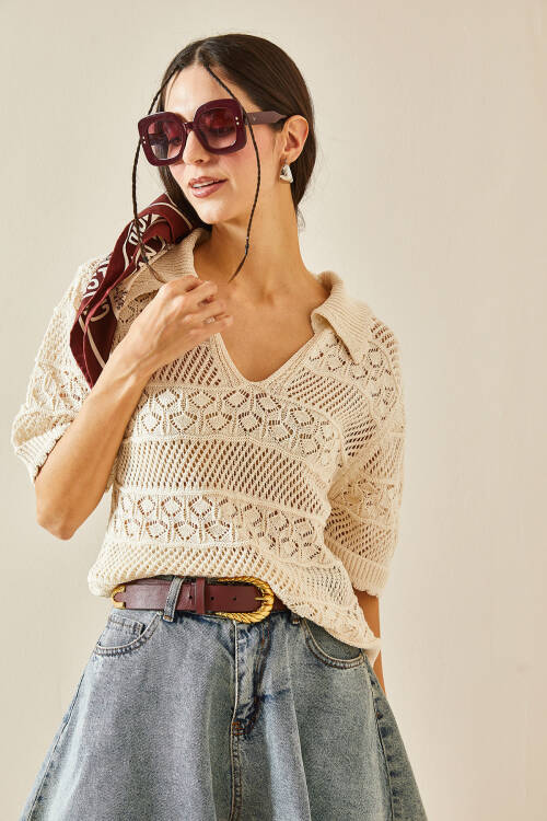Bej Polo Yaka Triko Bluz 5YXK2-48376-25 - 5