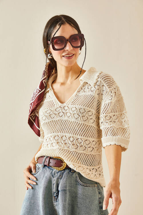 Bej Polo Yaka Triko Bluz 5YXK2-48376-25 - 6
