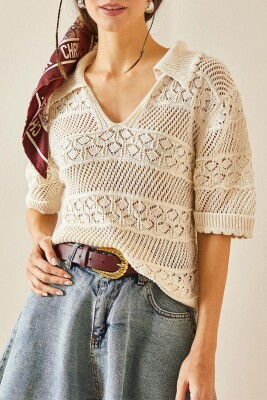 Bej Polo Yaka Triko Bluz 5YXK2-48376-25 - XHAN