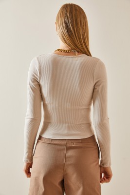 Bej U Yaka Bağcıklı Kaşkorse Crop Bluz 4KXK2-47775-25 - 7