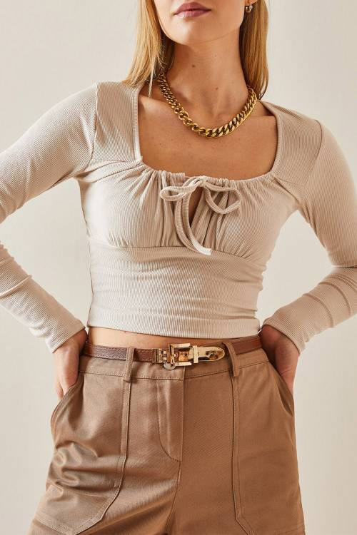 Bej U Yaka Bağcıklı Kaşkorse Crop Bluz 4KXK2-47775-25 - 1