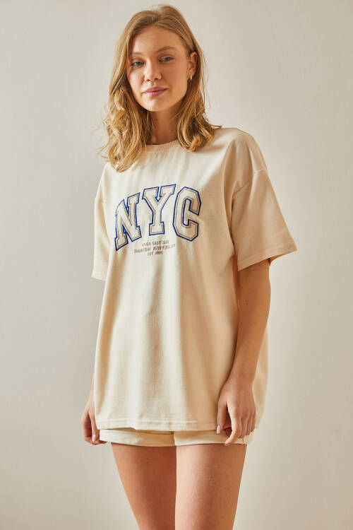 Bej Yazılı Bisiklet Yaka Oversize Tişört 5YXK1-47969-25 - 3