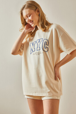 Bej Yazılı Bisiklet Yaka Oversize Tişört 5YXK1-47969-25 - 5
