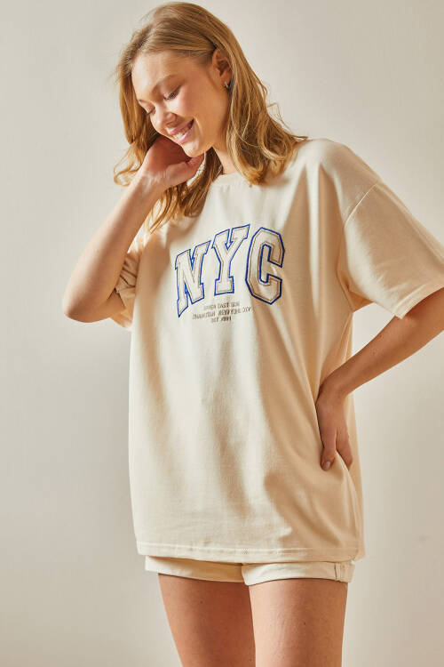 Bej Yazılı Bisiklet Yaka Oversize Tişört 5YXK1-47969-25 - 5