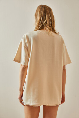 Bej Yazılı Bisiklet Yaka Oversize Tişört 5YXK1-47969-25 - 6