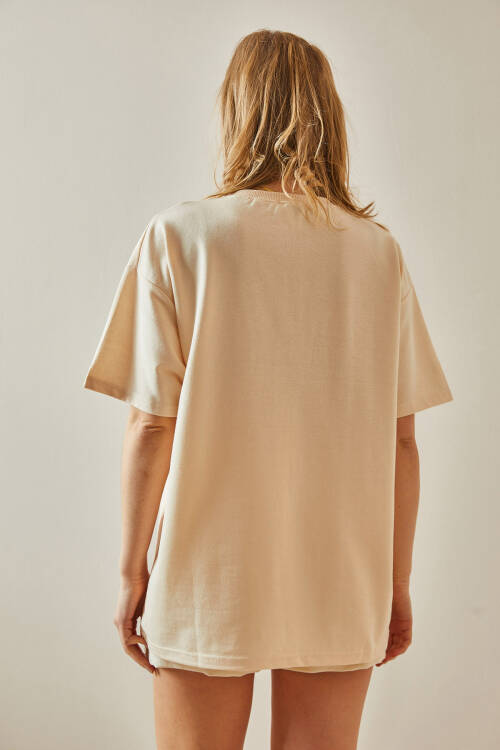 Bej Yazılı Bisiklet Yaka Oversize Tişört 5YXK1-47969-25 - 6