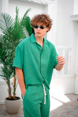 Benetton Yeşili Sofia Keten Kısa Kollu Gömlek 3YXE2-46974-08 