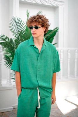 Benetton Yeşili Sofia Keten Kısa Kollu Gömlek 3YXE2-46974-08 - 2