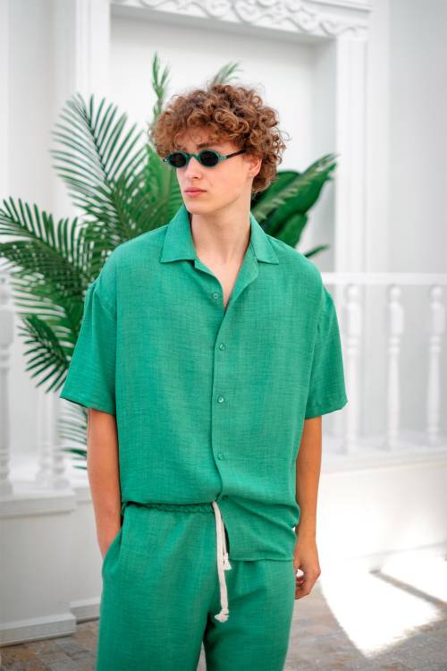 Benetton Yeşili Sofia Keten Kısa Kollu Gömlek 3YXE2-46974-08 - 2