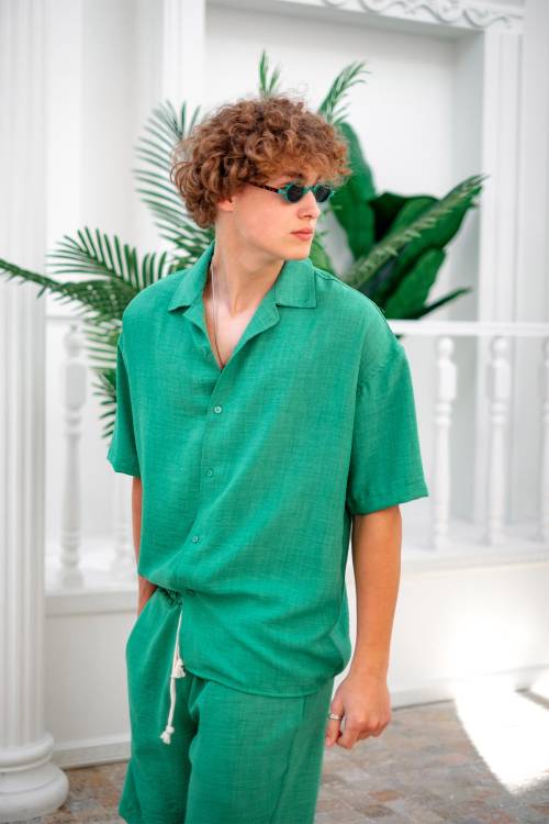 Benetton Yeşili Sofia Keten Kısa Kollu Gömlek 3YXE2-46974-08 - 3