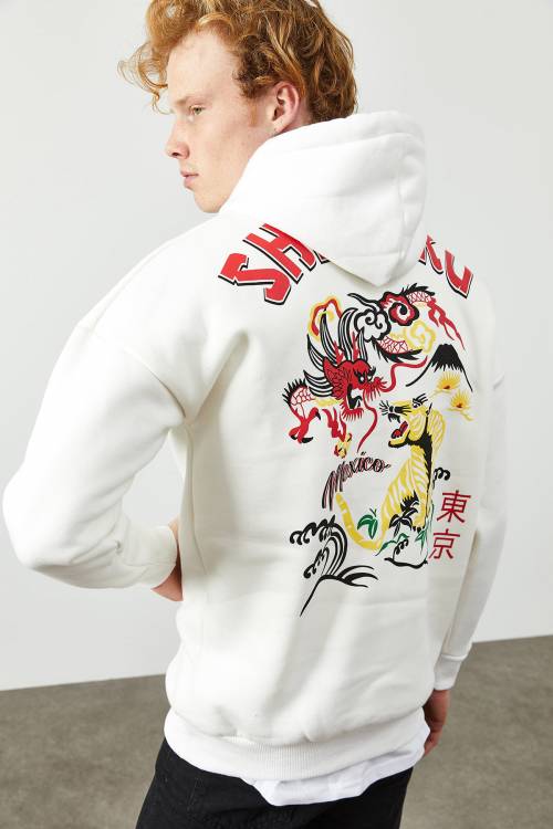 Beyaz Arkası Baskı Detaylı Kapüşonlu Sweatshirt 2KXE8-45370-01 - 7