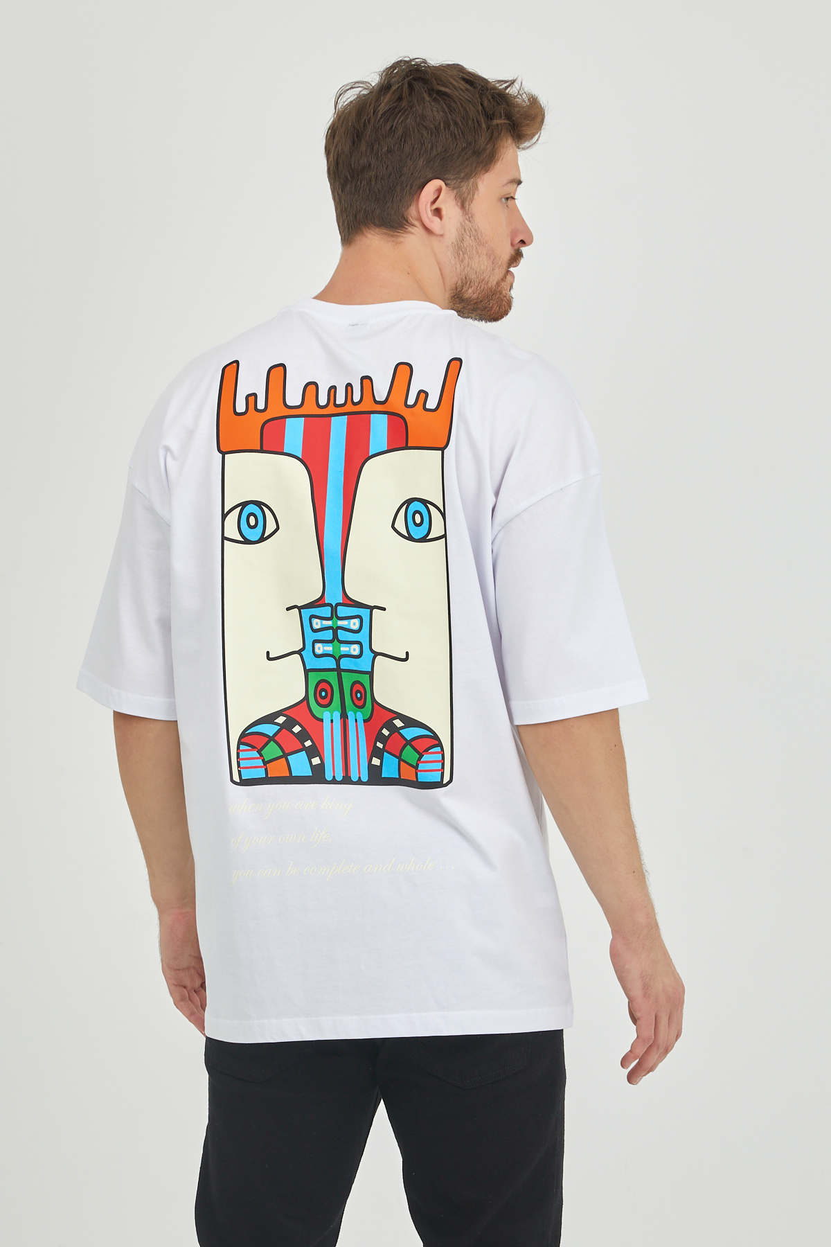 XHAN - Beyaz Arkası Baskılı Oversize T-Shirt 1KXE1-44652-01