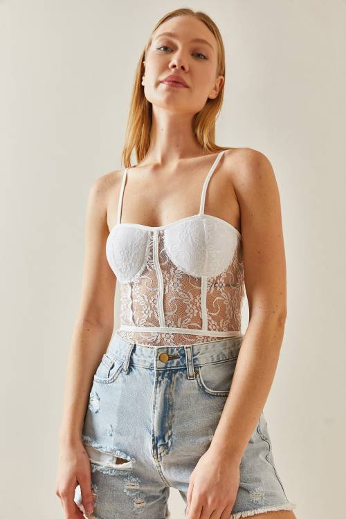 Beyaz Balenli & Dantel Detaylı Çıtçıtlı Bluz 4KXK2-47890-01 - 5