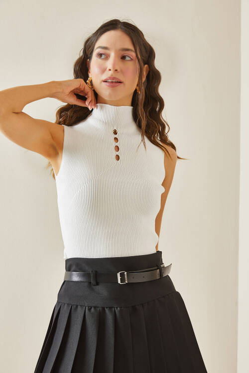 Beyaz Balıkçı Yaka Askılı Triko Bluz 5YXK2-48497-01 - 5