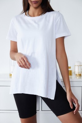 Beyaz Basic Bisiklet Yaka Yırtmaçlı Tişört 2YXK1-46096-01 - 2