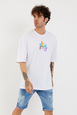 XHAN - Beyaz Baskılı Oversize T-Shirt 1YXE1-44878-01