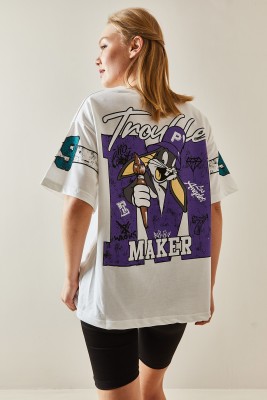 Beyaz Bisiklet Yaka Arkası Baskılı Oversize Tişört 4KXK1-47898-01 