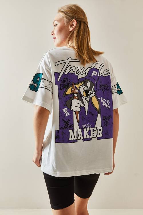 Beyaz Bisiklet Yaka Arkası Baskılı Oversize Tişört 4KXK1-47898-01 - 2