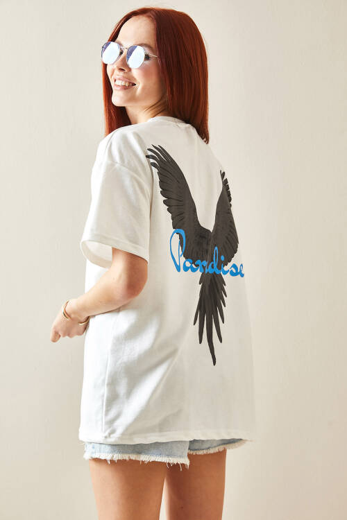 Beyaz Bisiklet Yaka Arkası Baskılı Oversize Tişört 5YXK1-48210-01 - 5