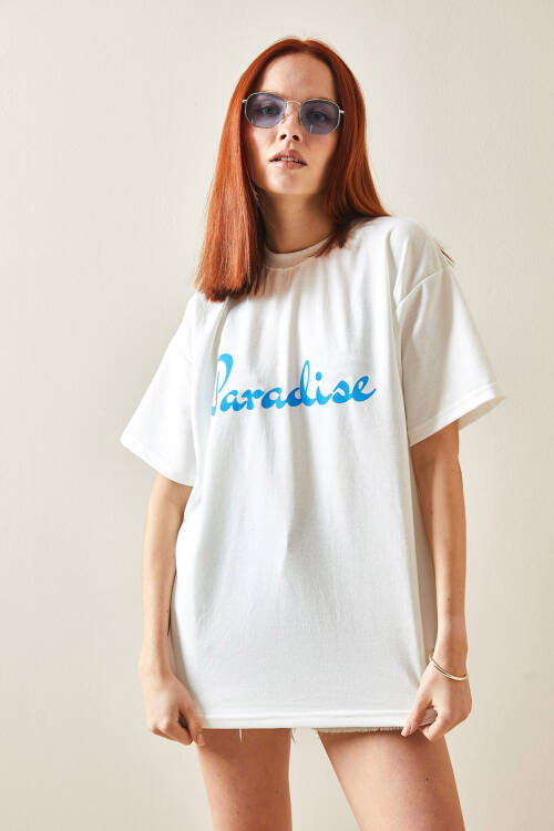 Beyaz Bisiklet Yaka Arkası Baskılı Oversize Tişört 5YXK1-48210-01 - 4
