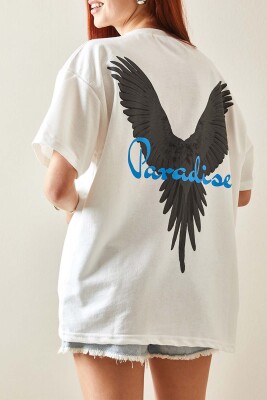 Beyaz Bisiklet Yaka Arkası Baskılı Oversize Tişört 5YXK1-48210-01 