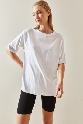 Beyaz Bisiklet Yaka Basic Oversize Tişört 4KXK1-47895-01 - 5
