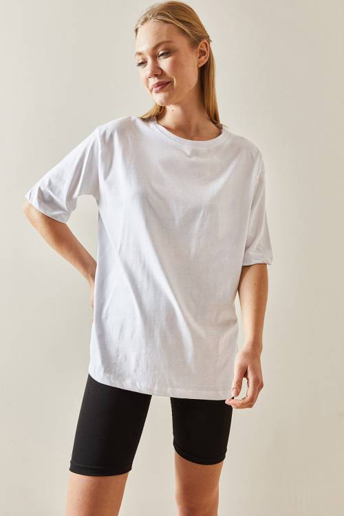 Beyaz Bisiklet Yaka Basic Oversize Tişört 4KXK1-47895-01 - 5