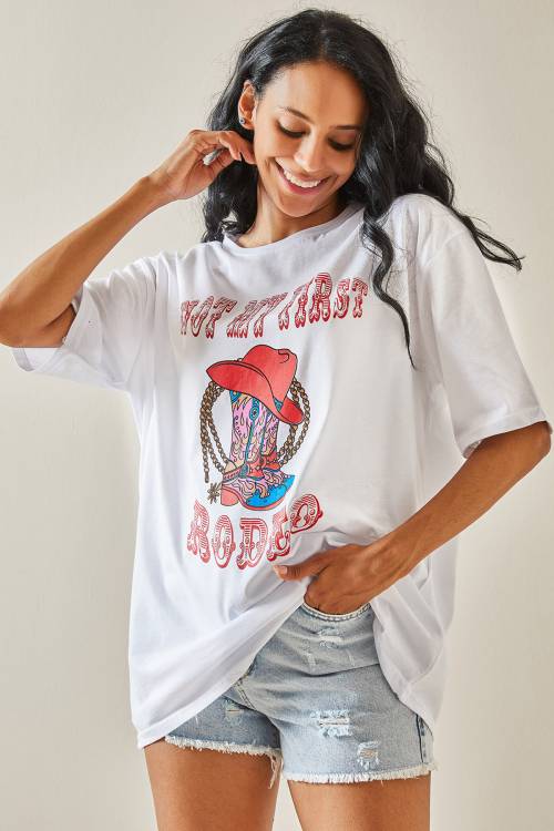 Beyaz Bisiklet Yaka Baskılı Oversize Tişört 3YXK1-47303-01 - 1