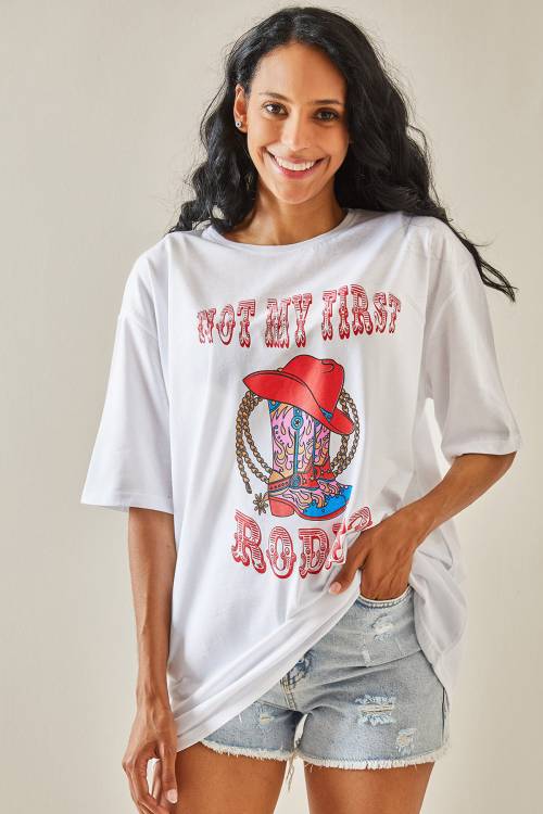 Beyaz Bisiklet Yaka Baskılı Oversize Tişört 3YXK1-47303-01 - 4