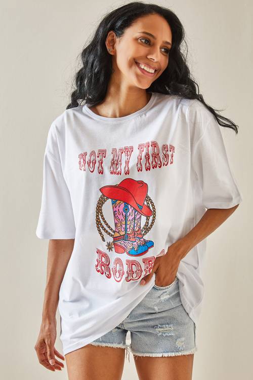 Beyaz Bisiklet Yaka Baskılı Oversize Tişört 3YXK1-47303-01 - 5