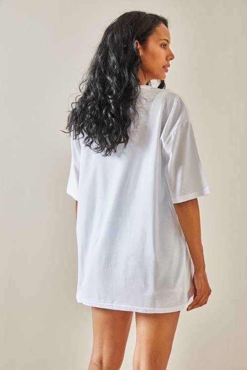 Beyaz Bisiklet Yaka Baskılı Oversize Tişört 3YXK1-47303-01 - 6