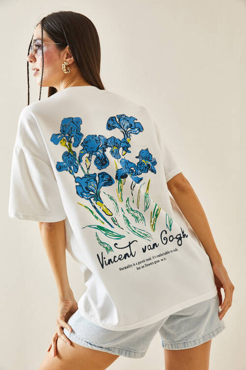 Beyaz Bisiklet Yaka Baskılı Oversize Tişört 5YXK1-48410-01 - 2