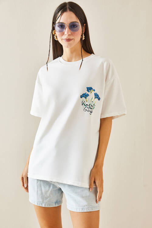 Beyaz Bisiklet Yaka Baskılı Oversize Tişört 5YXK1-48410-01 - 3