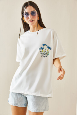 Beyaz Bisiklet Yaka Baskılı Oversize Tişört 5YXK1-48410-01 - 4