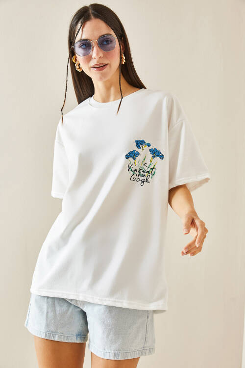 Beyaz Bisiklet Yaka Baskılı Oversize Tişört 5YXK1-48410-01 - 4