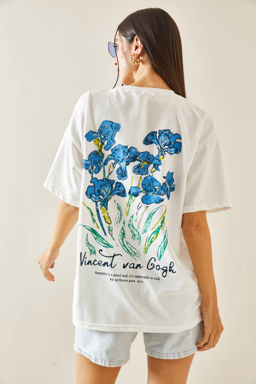 Beyaz Bisiklet Yaka Baskılı Oversize Tişört 5YXK1-48410-01 - 5