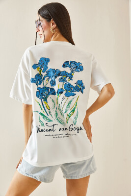Beyaz Bisiklet Yaka Baskılı Oversize Tişört 5YXK1-48410-01 - 6