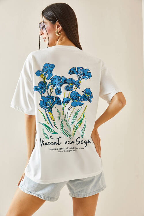 Beyaz Bisiklet Yaka Baskılı Oversize Tişört 5YXK1-48410-01 - 6