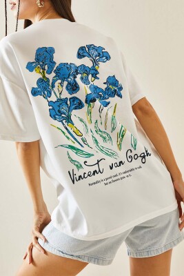 Beyaz Bisiklet Yaka Baskılı Oversize Tişört 5YXK1-48410-01 - XHAN