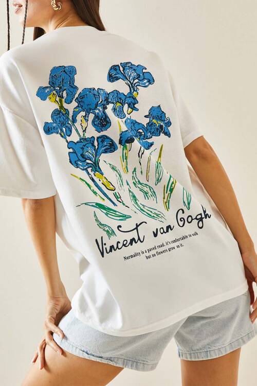 Beyaz Bisiklet Yaka Baskılı Oversize Tişört 5YXK1-48410-01 - 1
