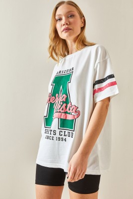 Beyaz Bisiklet Yaka Önü Baskılı Oversize Tişört 4KXK1-47926-01 - 4