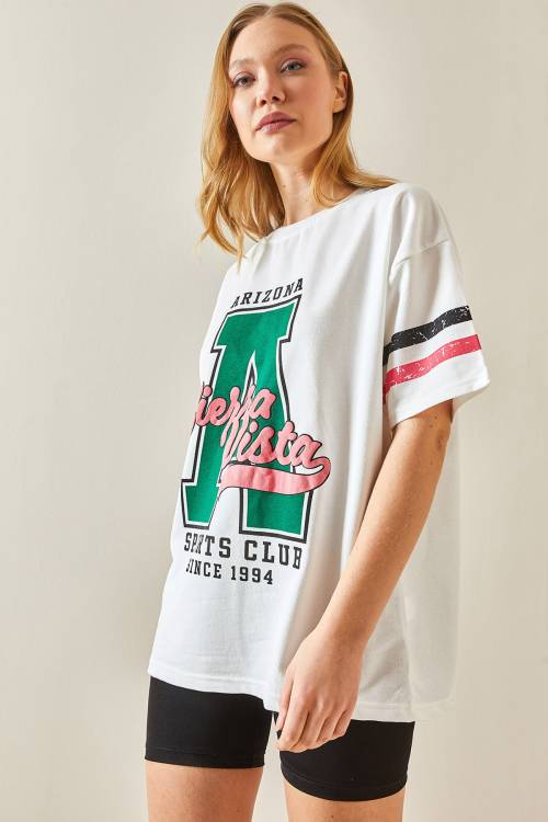 Beyaz Bisiklet Yaka Önü Baskılı Oversize Tişört 4KXK1-47926-01 - 4